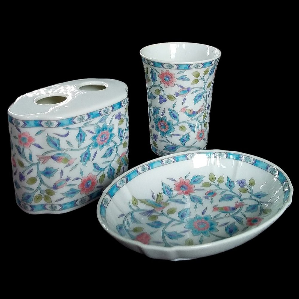 Vtg Porcelain Vanity Set Birds Floral Soap Dish Toothbrush Holder Cup Japan 3pc